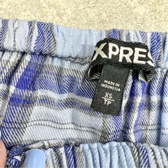 Express Periwinkle Blue Plaid Elastic Neckline Off The Shoulder Blouse Size XS - Picture 5 of 8